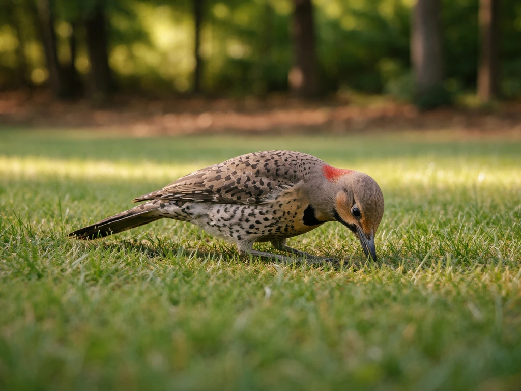 Northern flicker foraging on a suburban lawn near a forest edge in Alabama