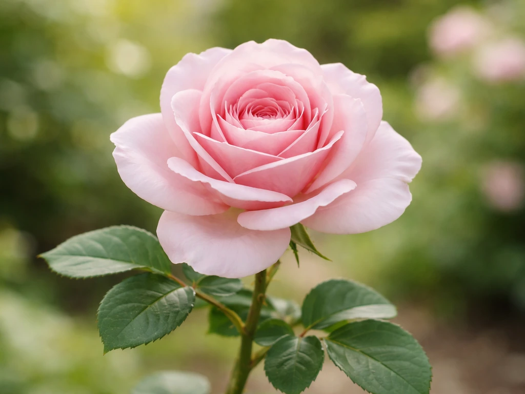 Close-up rose bloom with visible petals and green leaves on a small stem