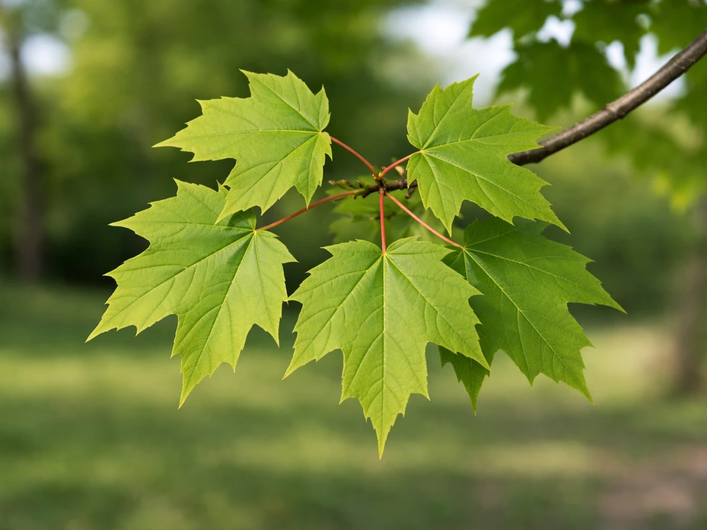 Close-up of sugar maple leaves on a branch, showing pointed lobes and opposite leaf arrangement.