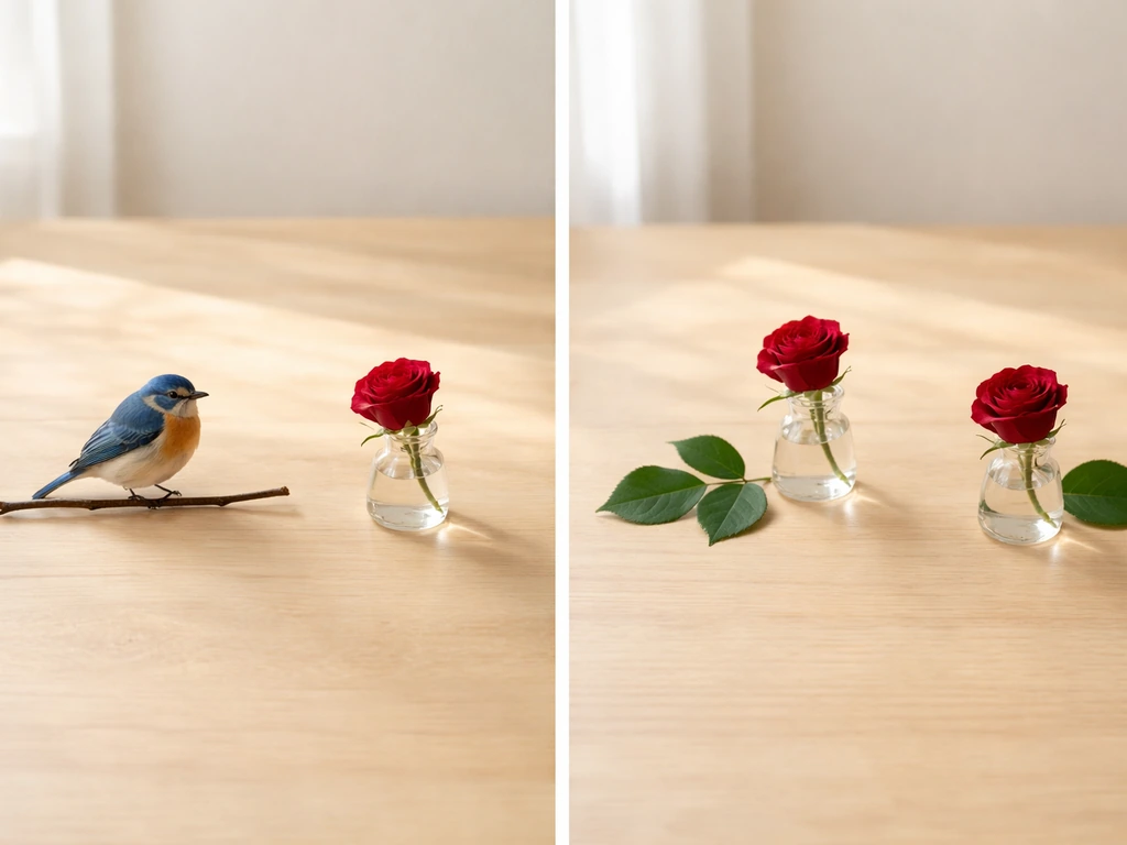 Minimal tabletop scene with a small set of natural motifs representing New York and Missouri state symbols