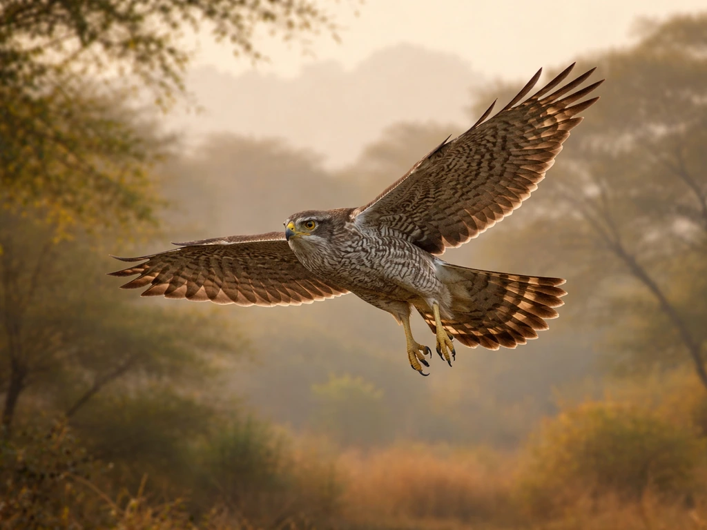 Northern goshawk gliding in flight above a subtle forest backdrop in warm South Asian tones