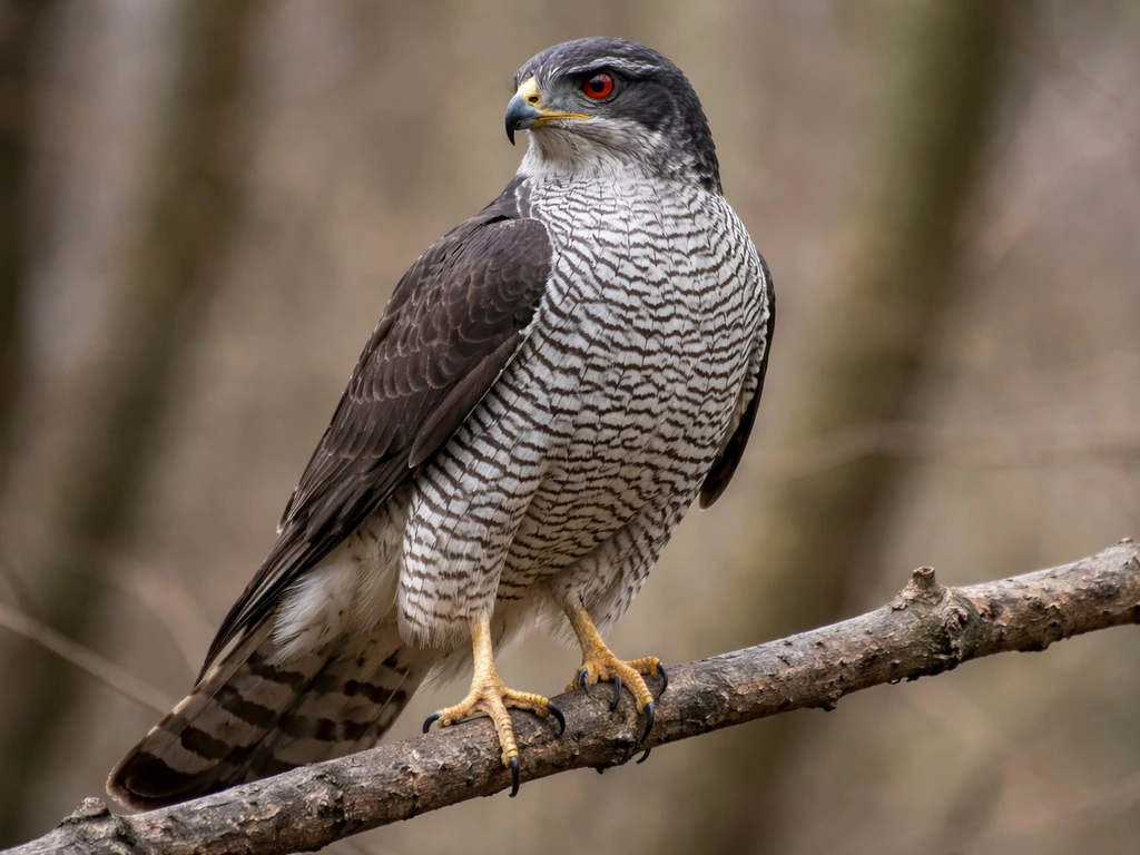 Northern Goshawk perched on a branch, showing head markings, hooked beak, and barred wing pattern.