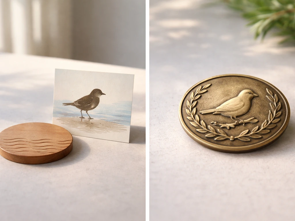 Minimal scene with a coastal-themed bird detail beside a generic U.S. state-bird style emblem setup