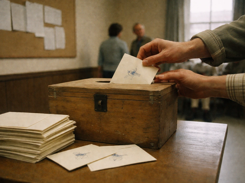 1970s community voting scene with a ballot box and a Blue Jay illustration on envelopes