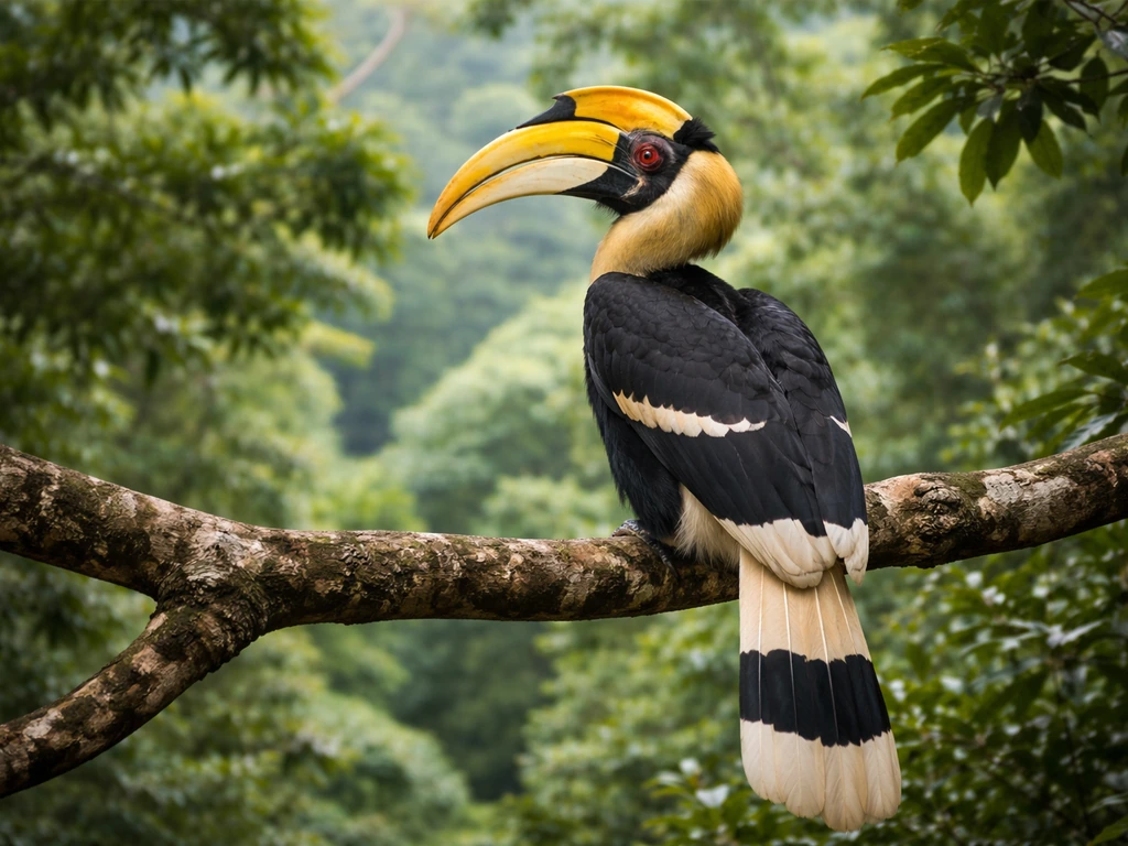 A Great Hornbill perched on a branch in Kerala’s Western Ghats rainforest, with lush green foliage behind.