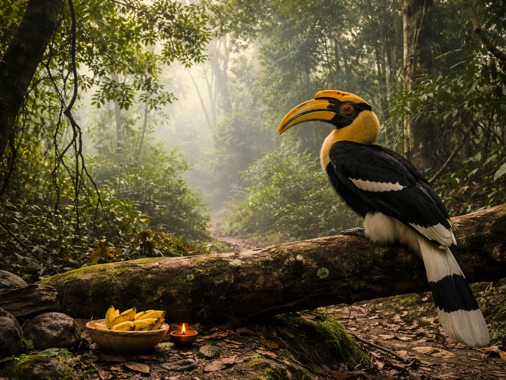 Great Hornbill perched in a misty Kerala forest with mossy branches and warm filtered sunlight