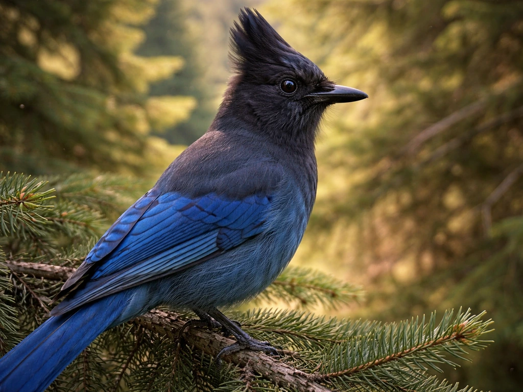 Steller’s Jay perched on a conifer branch, showing deep blue body and dark crest and head.