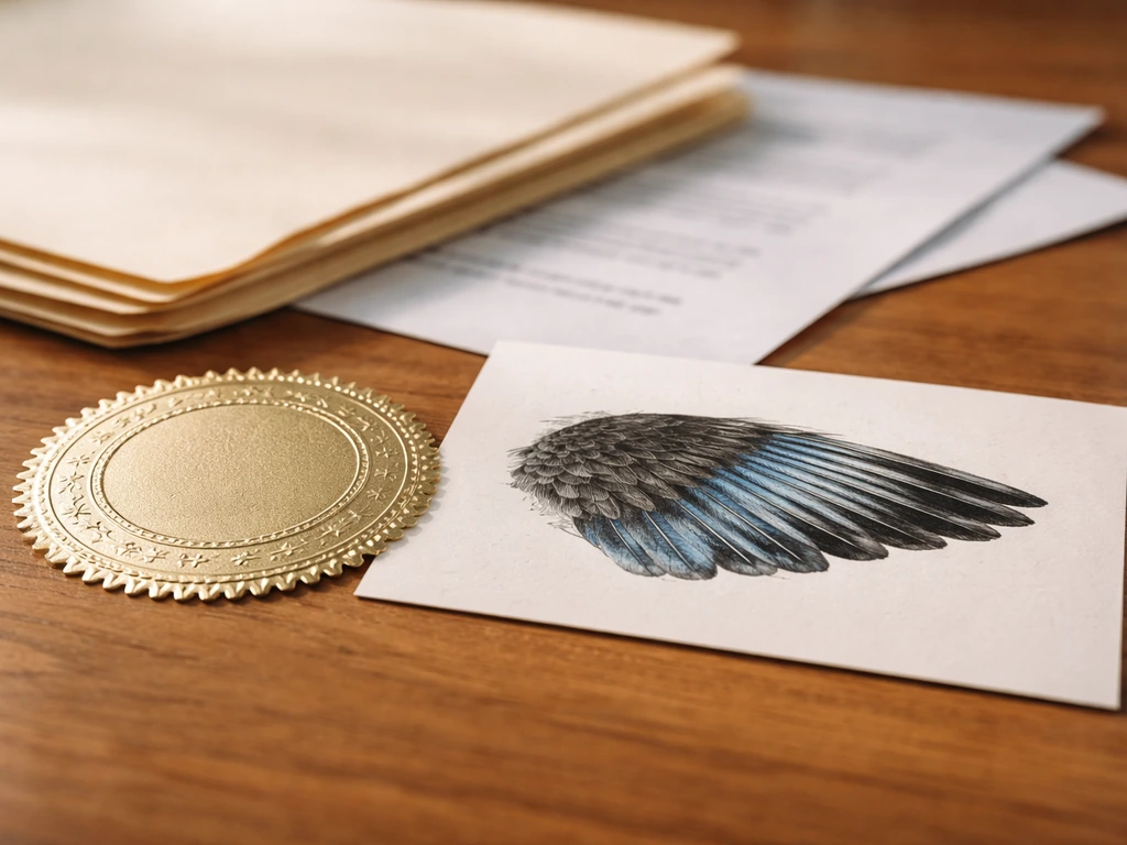 Embossed official-style seal beside a Steller’s Jay illustration on a simple wooden desk.