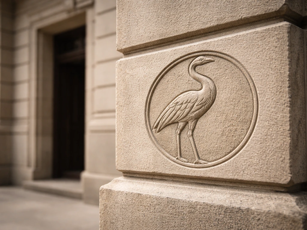 Queensland brolga emblem engraved on a public building facade, highlighting official state symbolism