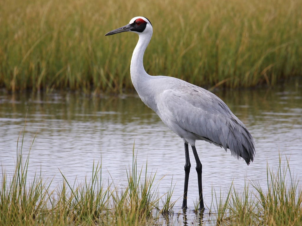 Brolga standing in shallow wetlands, showing tall height, long black legs, and bluish-grey plumage from side view.
