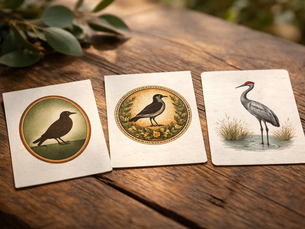 Close-up of three simple bird-icon cards on a wooden table, showing different emblem-style concepts.