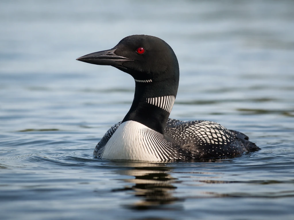 Common loon in breeding plumage floating on a calm Minnesota lake, red eye and upright posture visible.