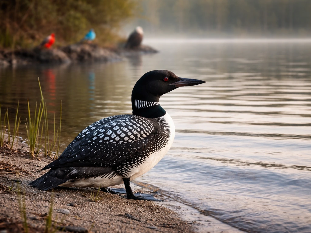 Common loon perched near water with a few other state birds in soft-focus background, highlighting Minnesota’s unique ch