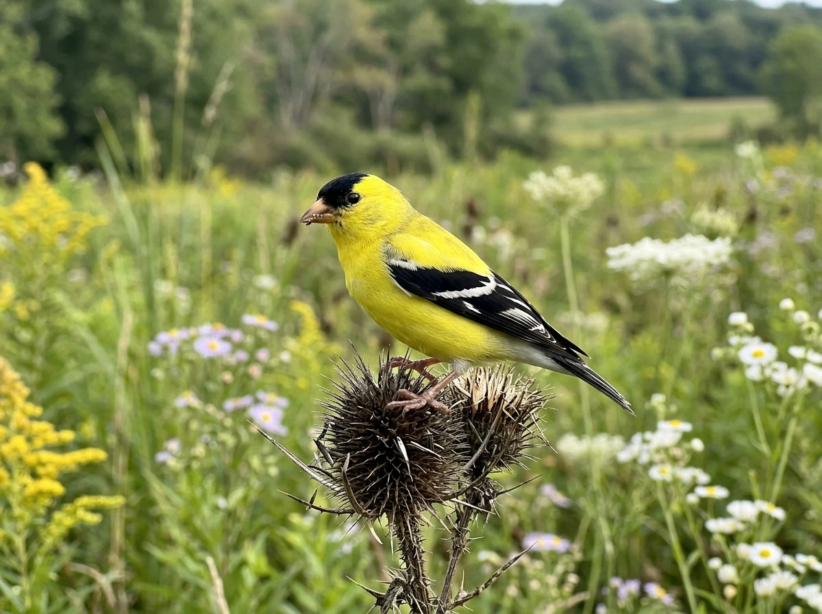 Eastern goldfinch perched in a New Jersey field with bright yellow plumage