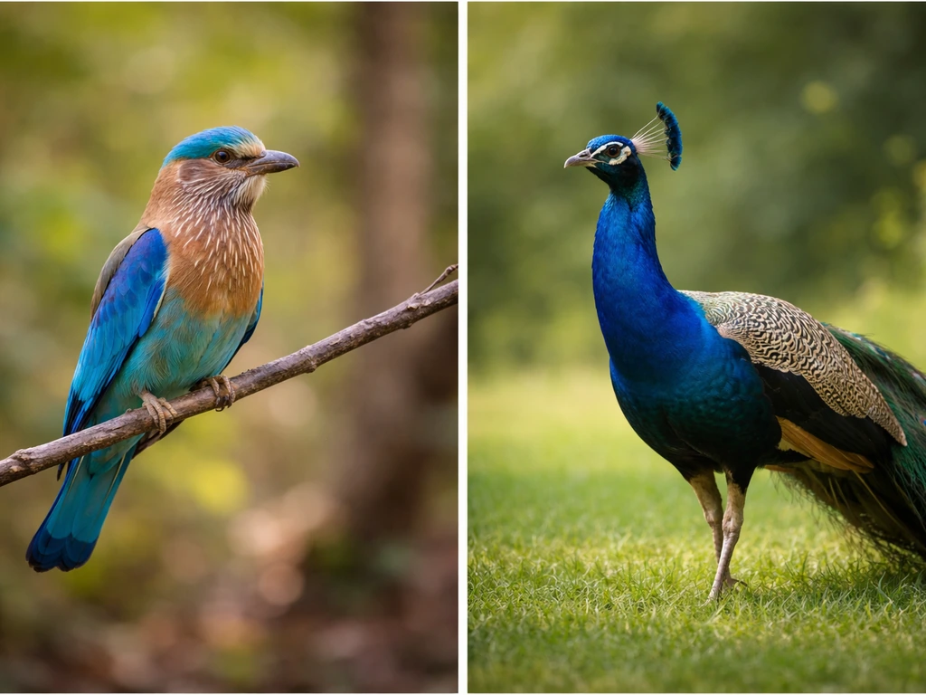 Side-by-side photo: an Indian roller on the left and an Indian peafowl on the right.