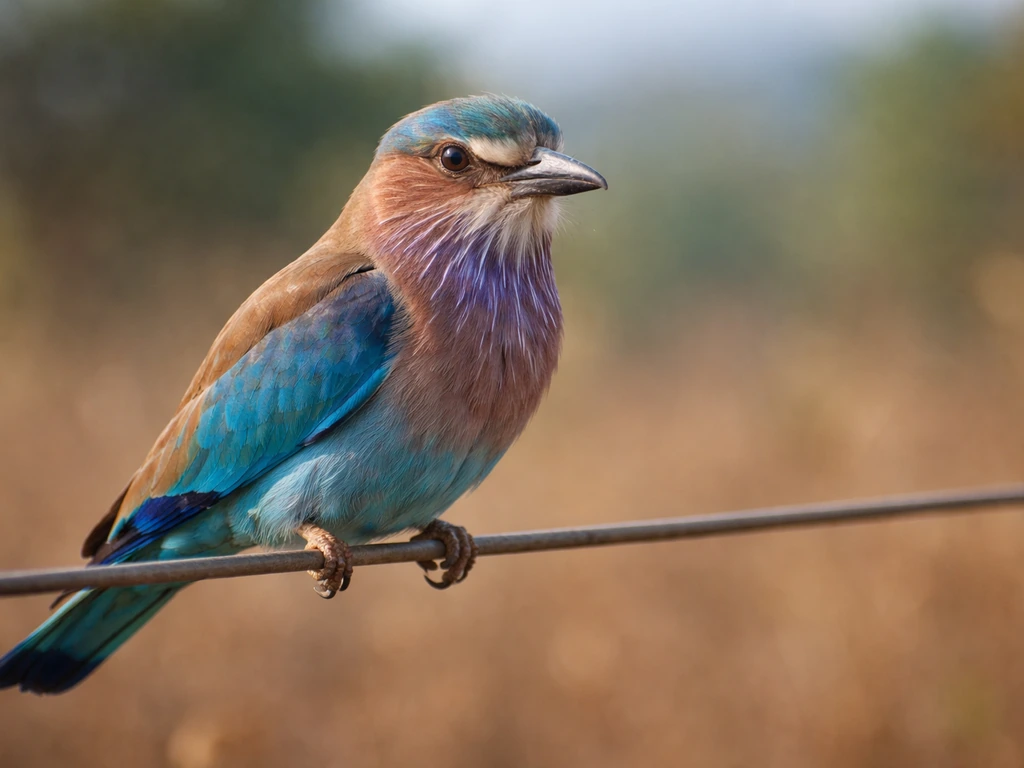Pigeon-sized Indian Roller perched on a fence wire in Karnataka, showing stocky build and hooked bill