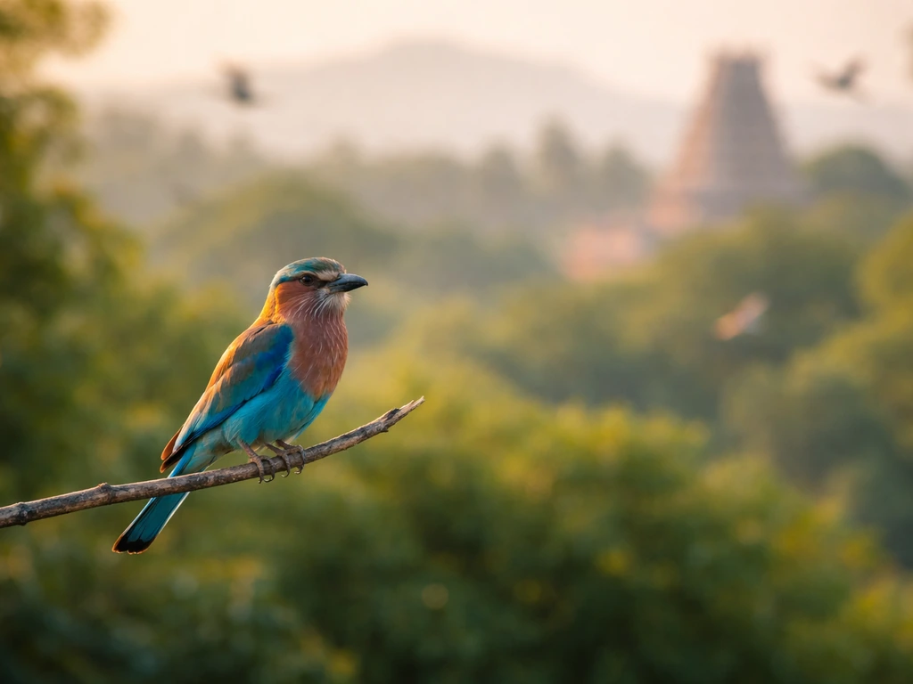 Sharp Indian roller perched on a branch with blurred southern landscape behind it, suggesting regional bird variety.