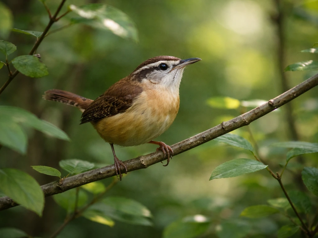 Carolina wren perched in a backyard understory with rusty-brown plumage and woodland shrubs