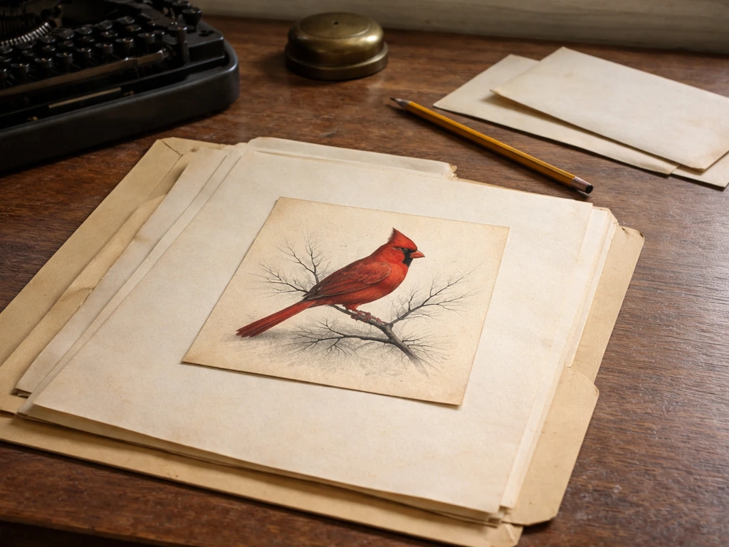Vintage 1943-style campaign scene with an ink-and-feather northern cardinal motif on aged paper
