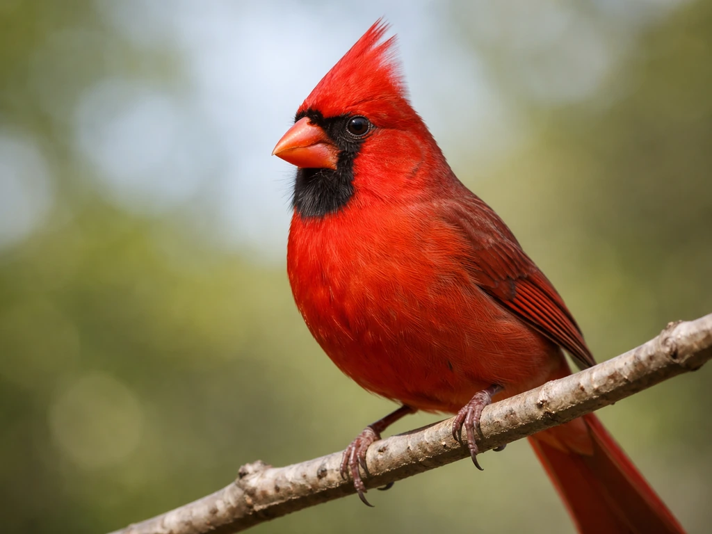 Close-up of a bright red male Northern Cardinal perched outdoors, showing pointed crest and key field marks.