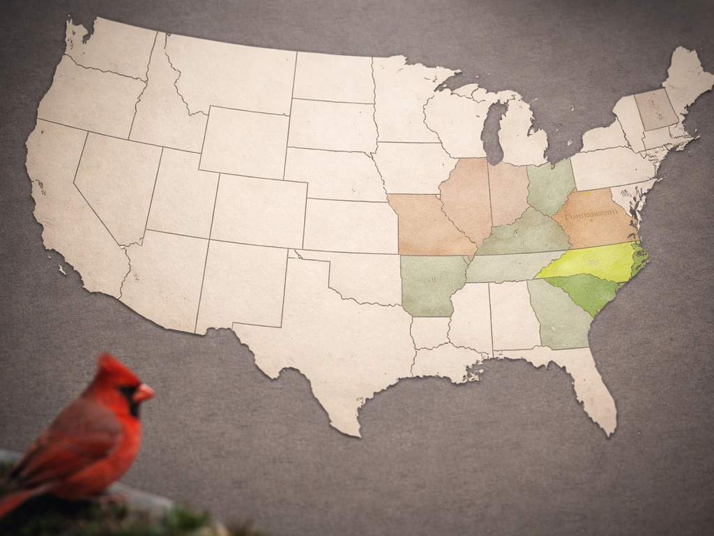 Map-style scene showing several states sharing the Northern Cardinal state bird, with North Carolina highlighted