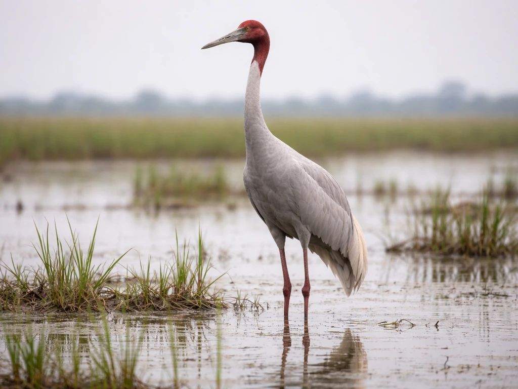 A Sarus crane standing in a shallow wetland field with water reflections in soft natural light.