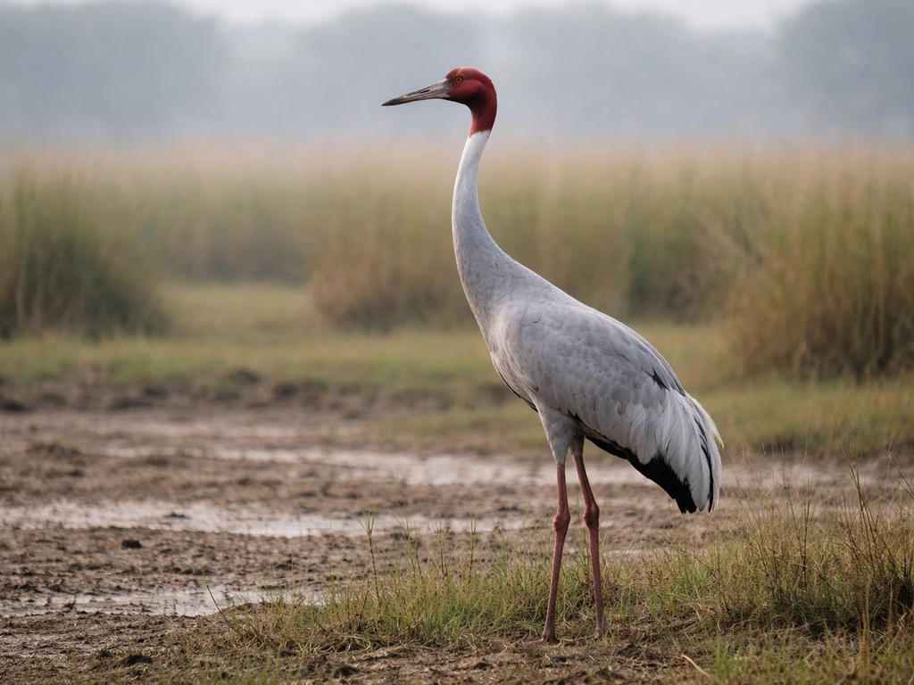 Tall pale-gray Sarus crane with bare red head standing in a wetland, shown to highlight its long neck and wingspan.