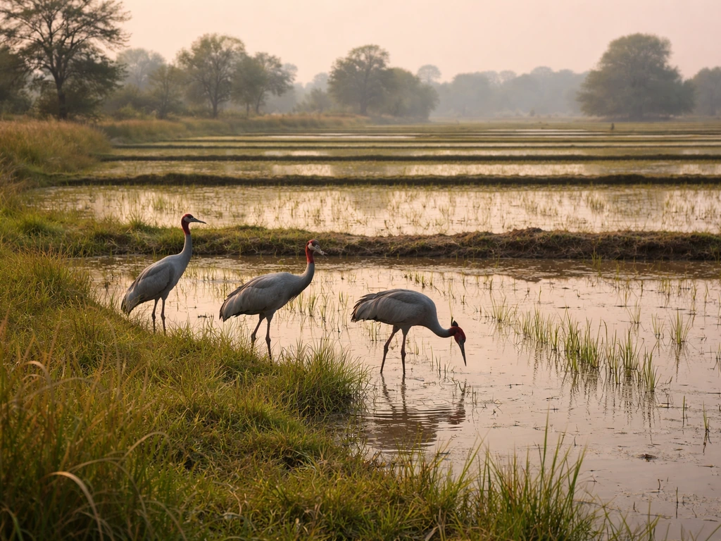Sarus cranes in a quiet Uttar Pradesh-style wetland rice paddy at golden hour.