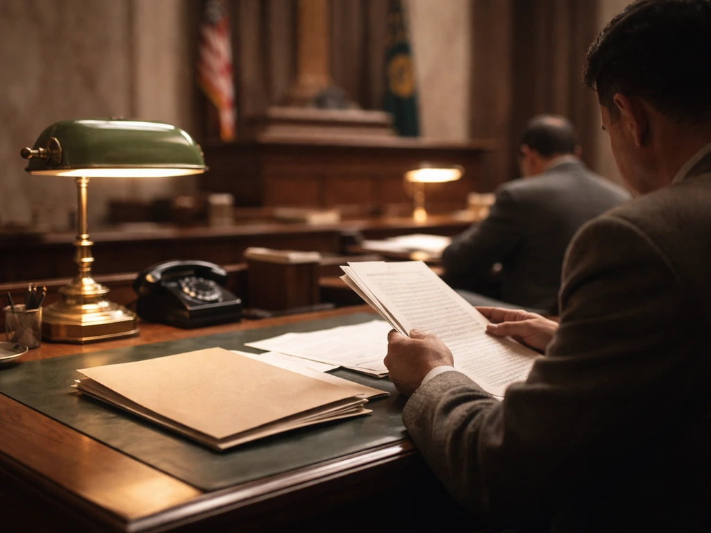 1950s legislative chamber desk with anonymous officials handling a folder of typed papers, archival mood