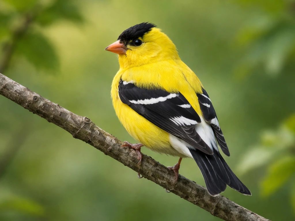 Male goldfinch in spring plumage perched on a branch, showing black cap, white wing bars, and white rump.