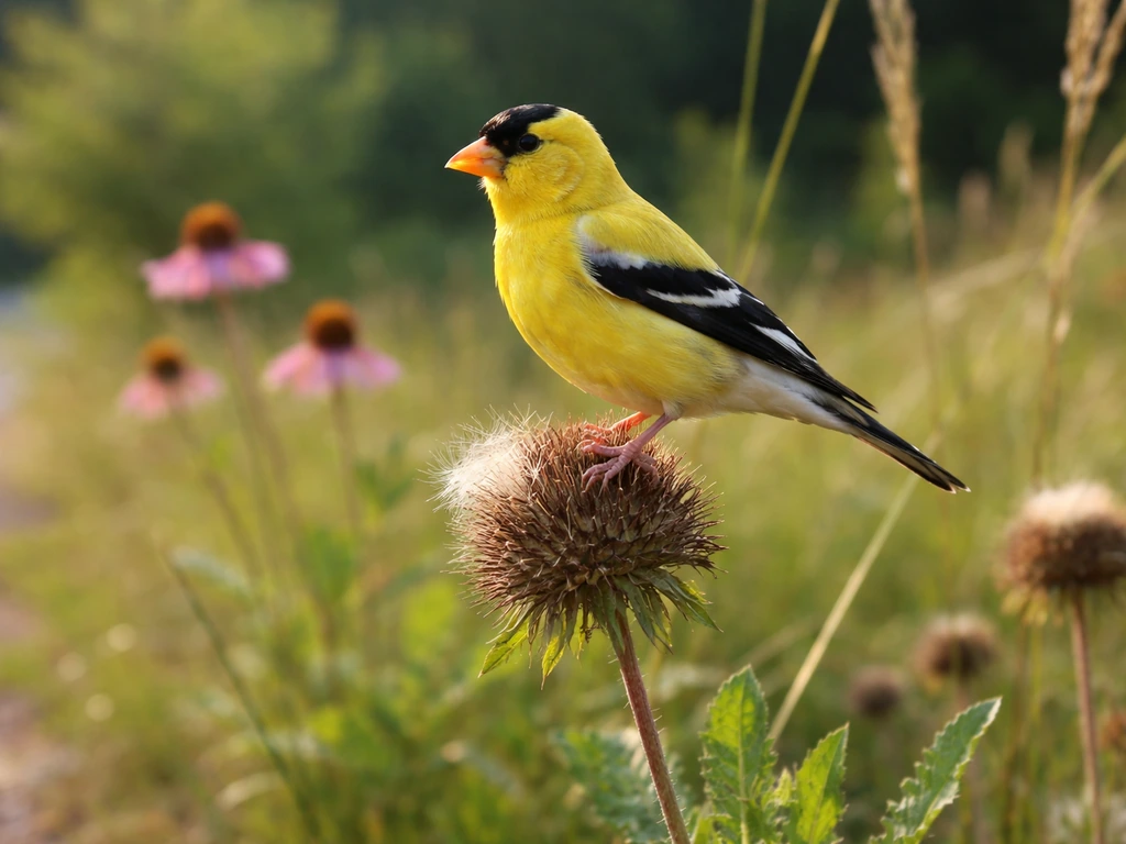 American goldfinch perched on thistle in a weedy Washington roadside garden edge