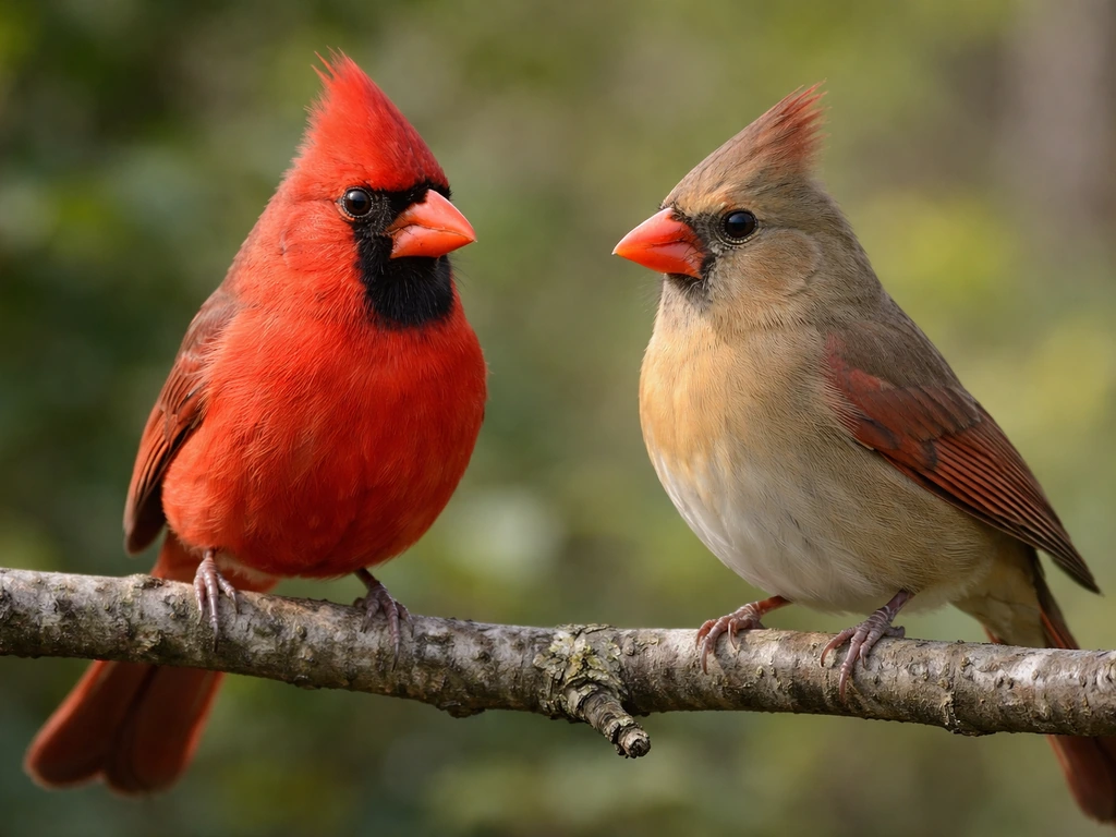 Male red and female brown Northern Cardinals perched side-by-side on a branch, natural blurred background.