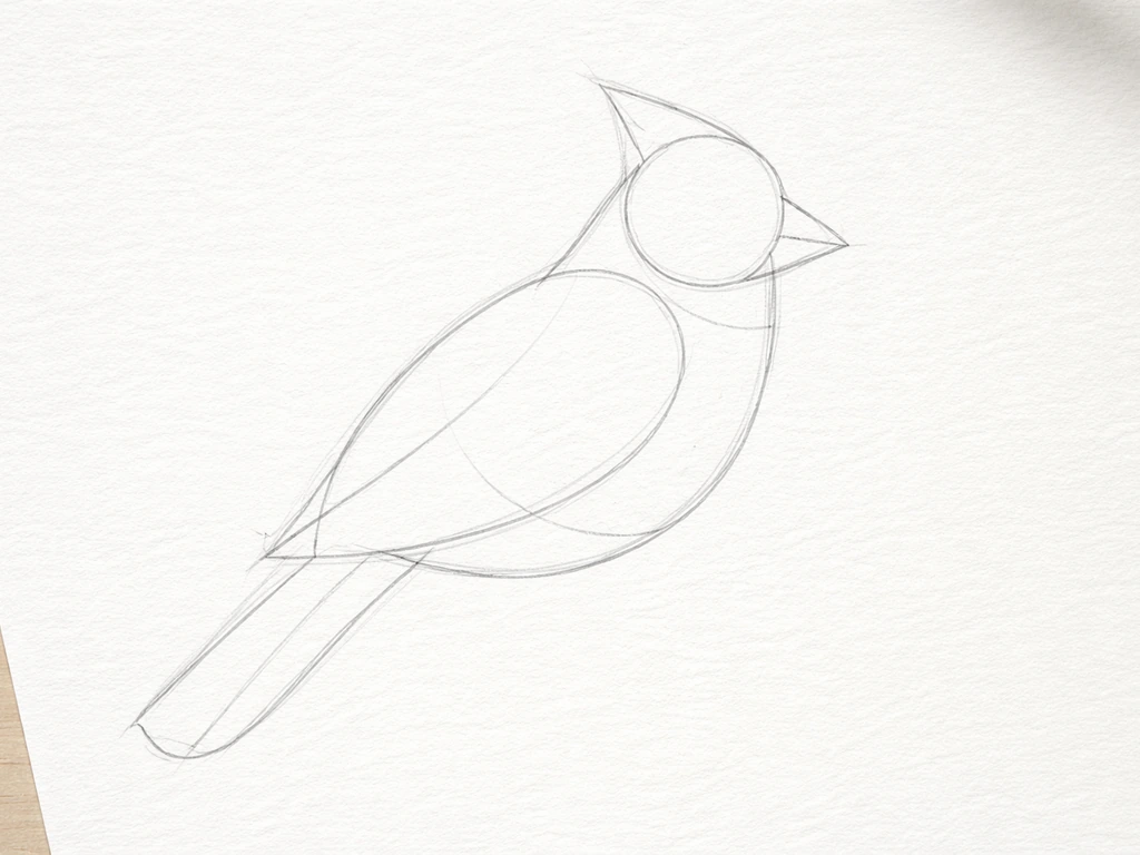 Close-up of a simple pencil sketch: cardinal bird blocked in using oval/egg shapes and guide lines.