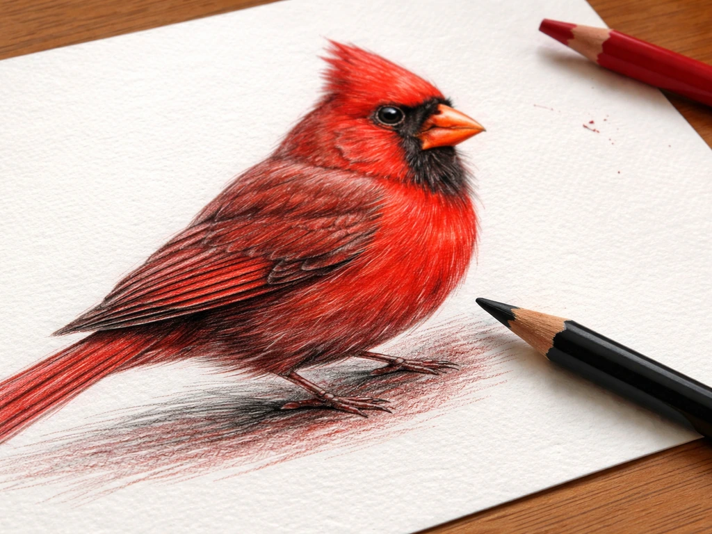 Close-up of colored pencil shading on paper showing deep cardinal shadows and bright red highlights.