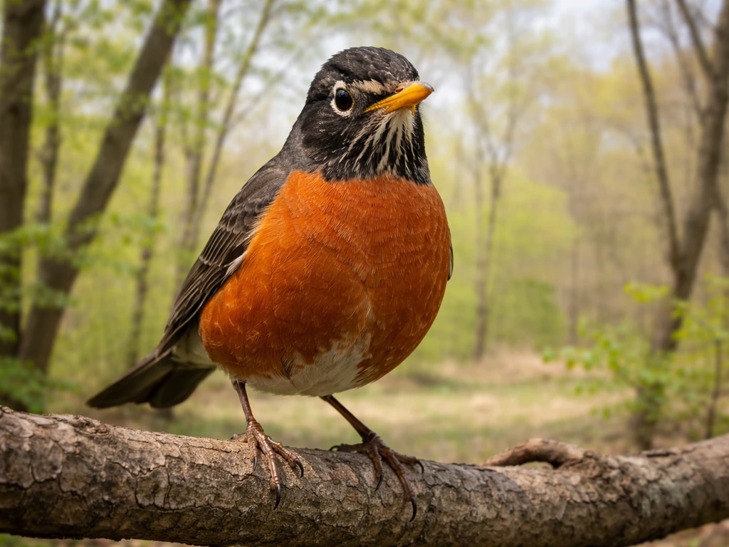 American robin perched on a branch with fresh spring greenery in a Wisconsin-like landscape