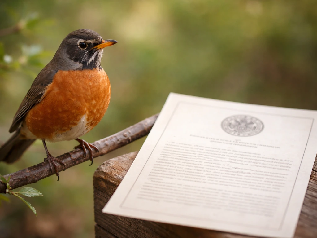 Close-up of an American robin perched beside a Wisconsin statute document page, natural light