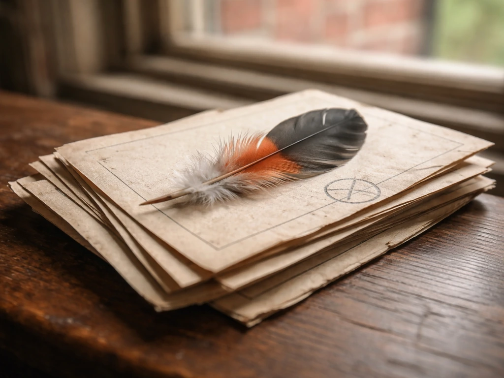 American robin feather resting on aged voting ballots on a worn wooden desk, vintage election context.