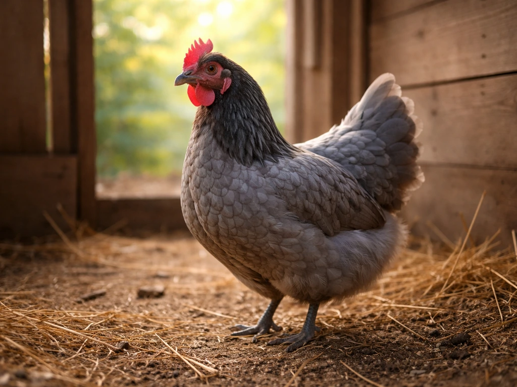 A blue hen chicken standing in a quiet backyard coop, highlighting a state bird that isn’t truly wild.