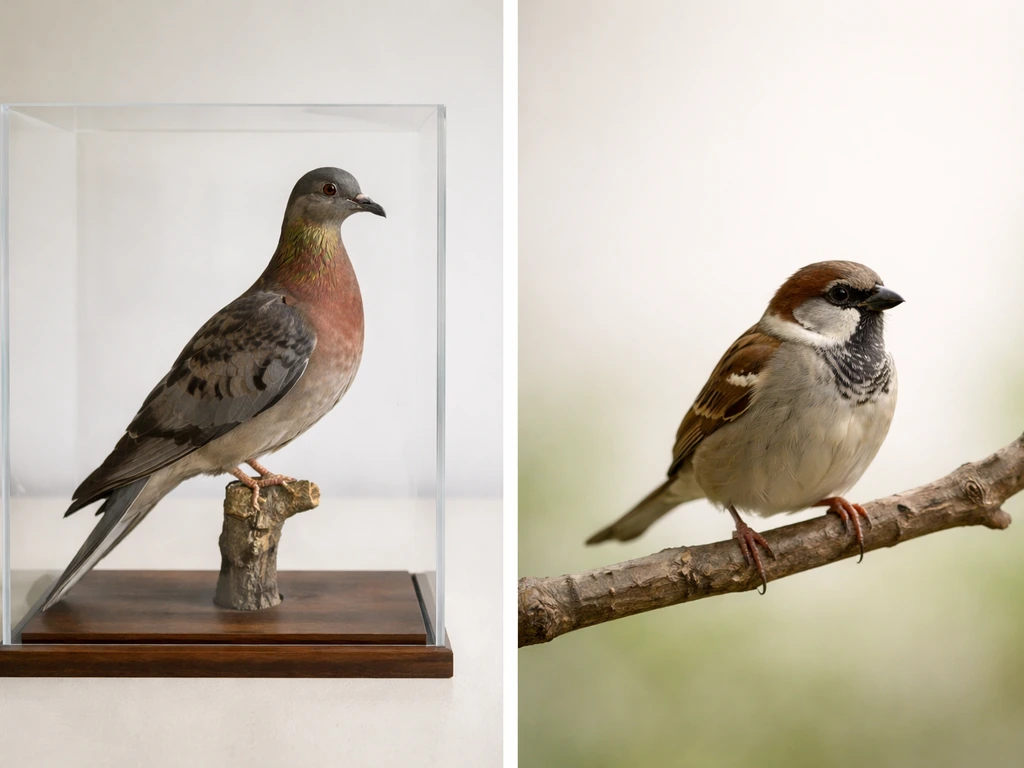 Side-by-side: museum passenger pigeon specimen in glass vs a living small songbird perched on a branch.