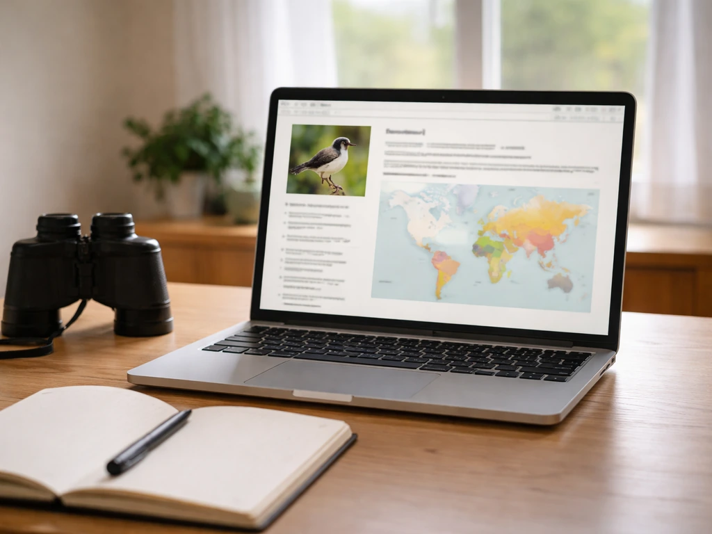 Minimal desk scene with a laptop showing blurred bird-range map layout, plus binoculars and notebook.