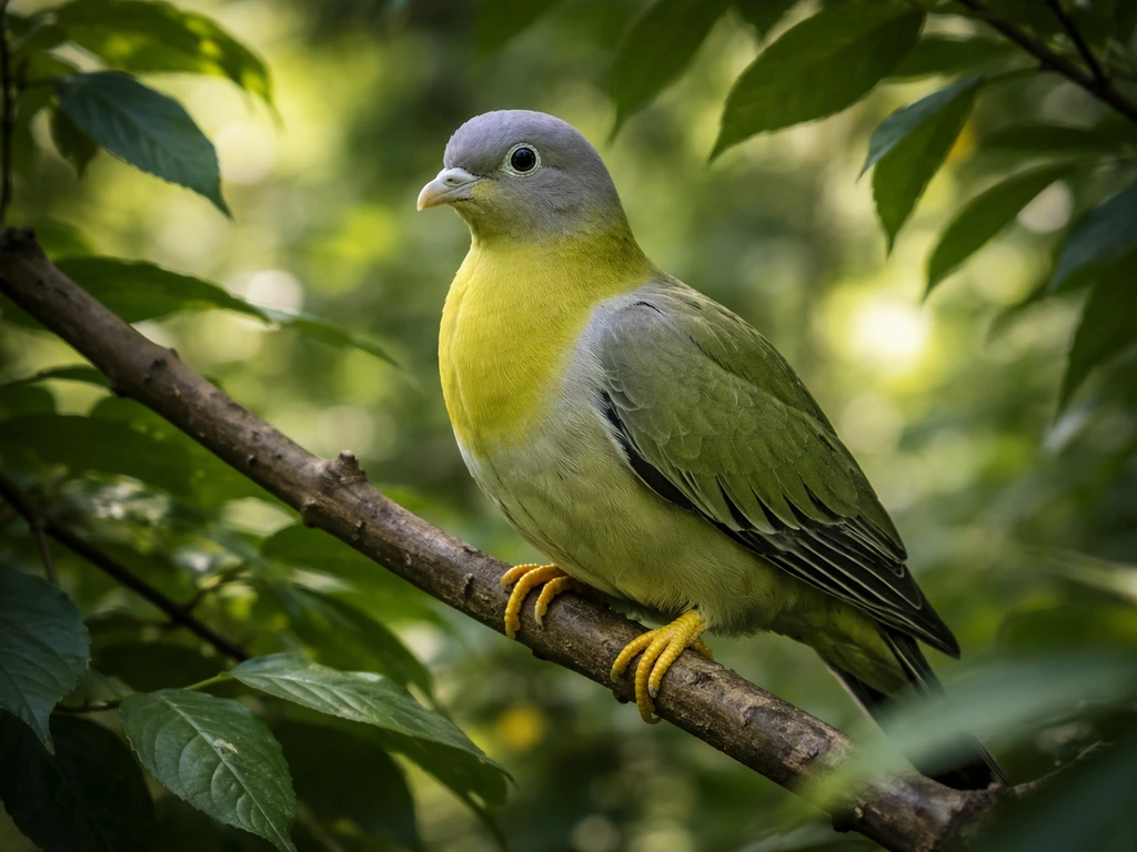 Yellow-footed green pigeon perched in leafy foliage, vivid green plumage and bright yellow feet visible.