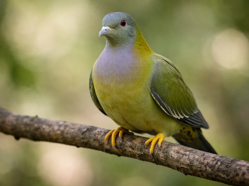 Yellow-footed green pigeon perched on a branch, showing green plumage and bright yellow feet.