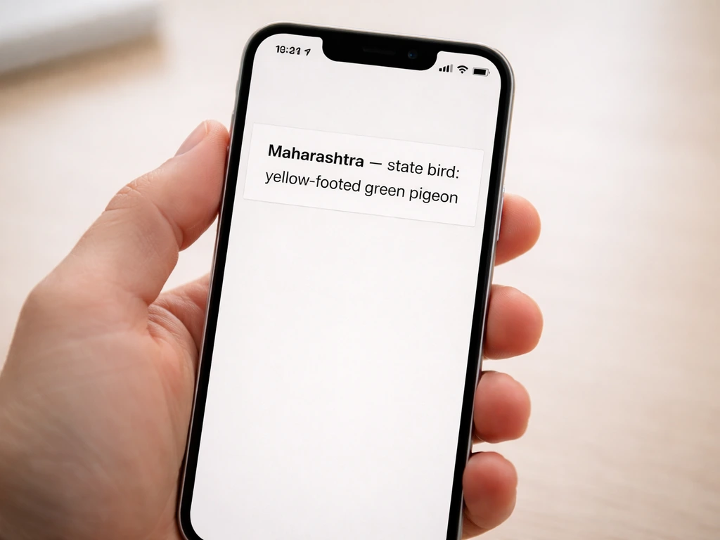 Close-up of a smartphone screen showing a simple webpage listing Maharashtra’s state bird as “yellow-footed green pigeon