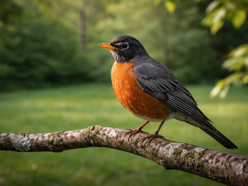 American robin perched on a branch above a Connecticut lawn, orange breast and natural greenery.