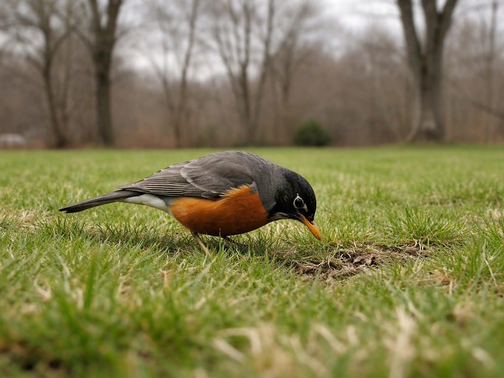 American robin foraging on short spring grass in a quiet Connecticut yard