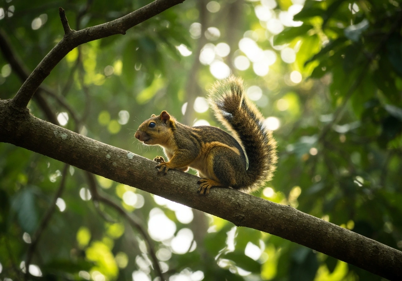 Indian giant squirrel perched in a lush forest canopy in Maharashtra-like greenery.
