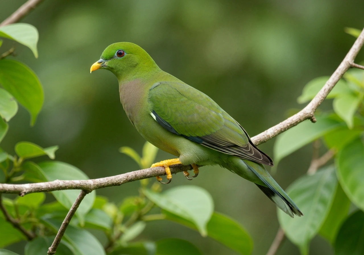 Yellow-footed green pigeon perched in foliage, showing green body and bright yellow feet.