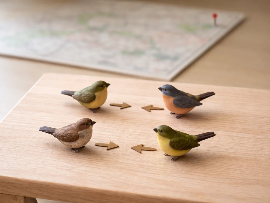 Minimal photo of four Indian state birds conceptually shown with simple arrow cues and a map pin
