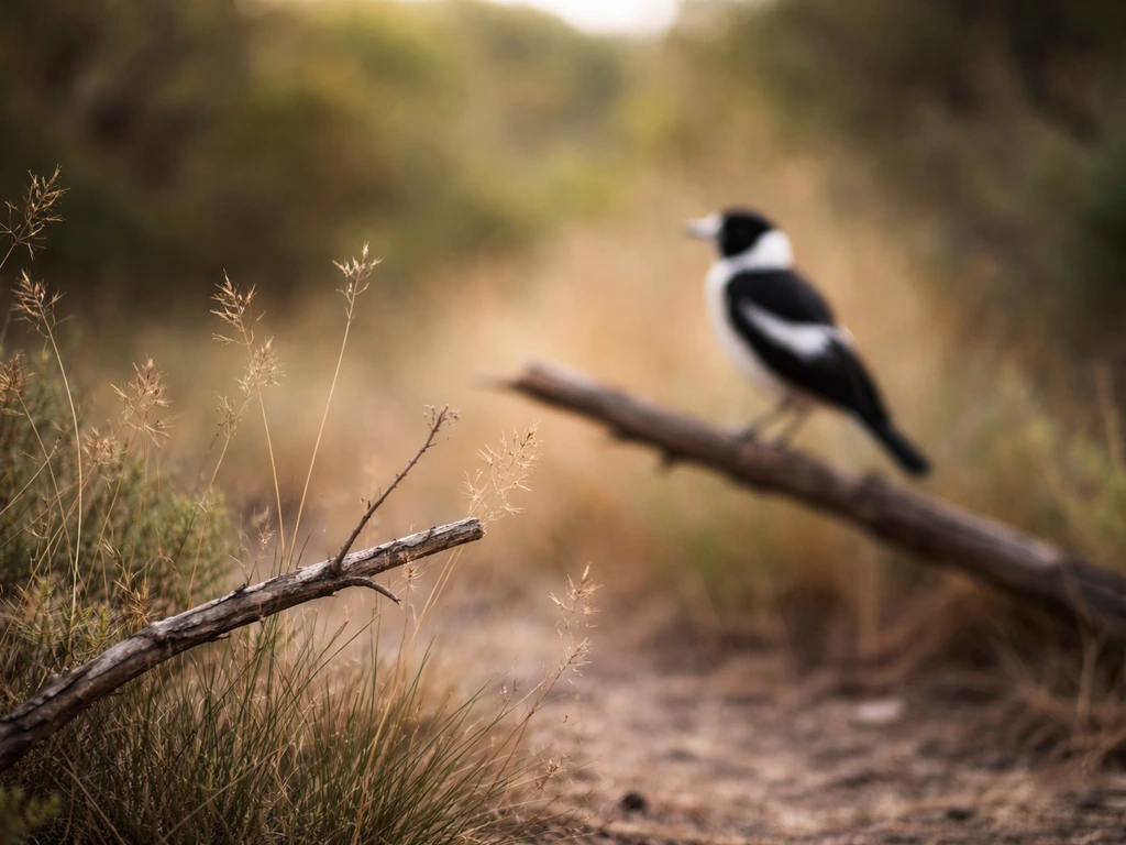 Minimal scrubland scene with a softly blurred black-and-white bird silhouette on a branch