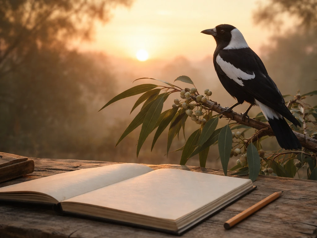 White-backed magpie perched on a gum branch with a rising sun background, evoking a 1901 emblem.